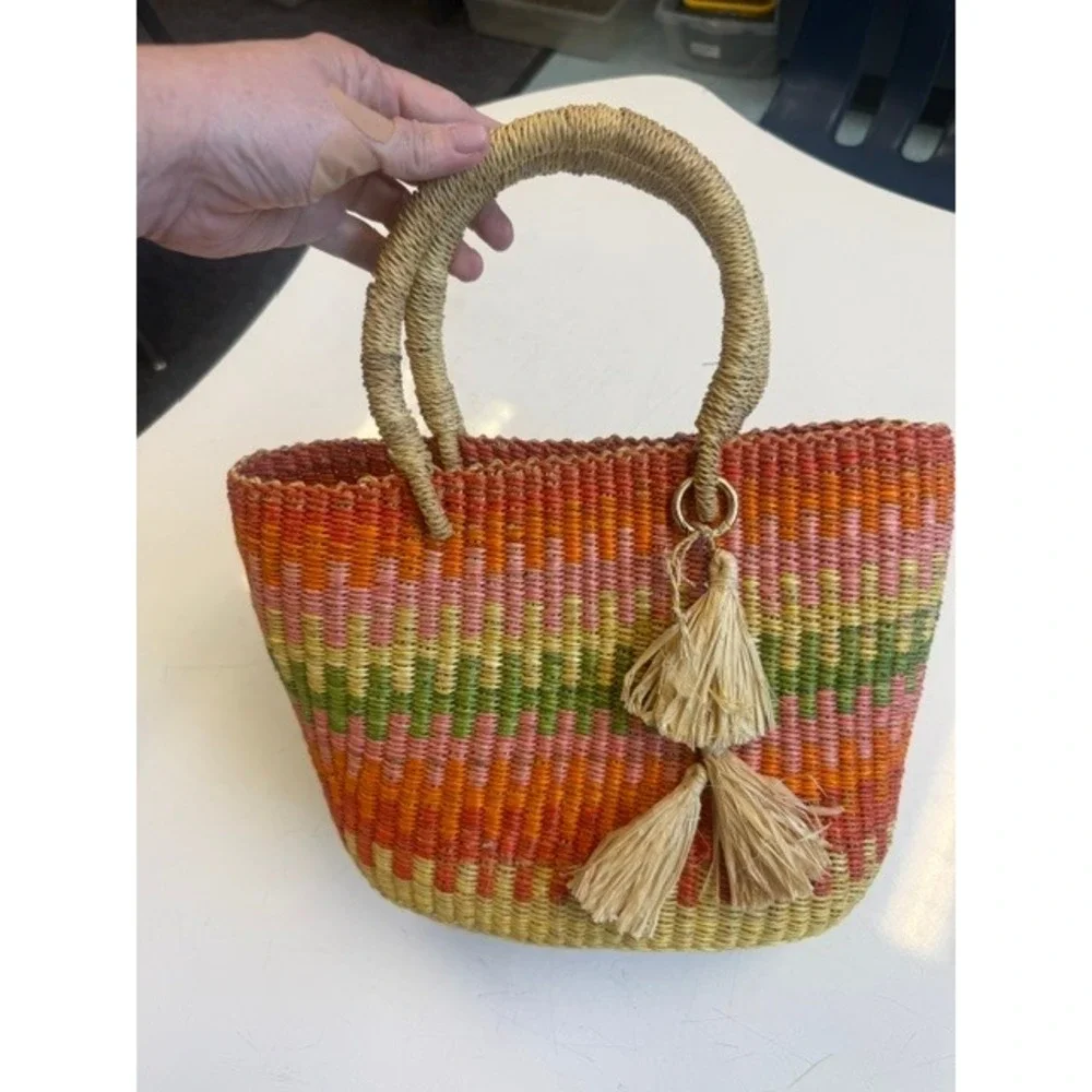 Vintage Bolga Basket Bag Multicolor Woven Tote Raffia Tassel Ghana 1970s Boho